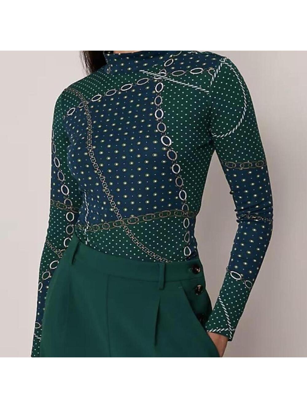 Ann Taylor green/navy chains mock neck long sleeve top